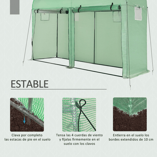 Outsunny Estufa Jardim Tipo Túnel com 4 janelas e 2 portas para Plantas de PE de aço 300x100x200 cm Verde