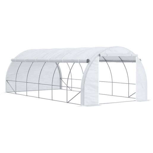 Outsunny Estufa Tipo Túnel de Jardim 6x3x2m com Porta Enrolável 12 Janelas Cobertura de PE 140gm² e Metal Galvanizado para Cultivos de Plantas Verduras Branco