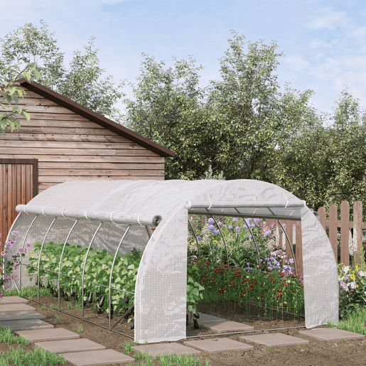 Outsunny Estufa Tipo Túnel de Jardim 6x3x2m com Porta Enrolável 12 Janelas Cobertura de PE 140gm² e Metal Galvanizado para Cultivos de Plantas Verduras Branco