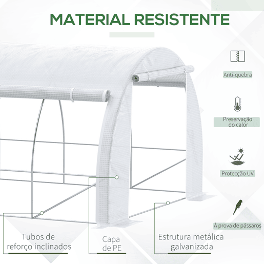 Outsunny Estufa Tipo Túnel de Jardim 6x3x2m com Porta Enrolável 12 Janelas Cobertura de PE 140gm² e Metal Galvanizado para Cultivos de Plantas Verduras Branco