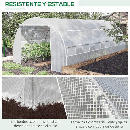 Outsunny Estufa Tipo Túnel de Jardim 6x3x2m com Porta Enrolável 12 Janelas Cobertura de PE 140gm² e Metal Galvanizado para Cultivos de Plantas Verduras Branco