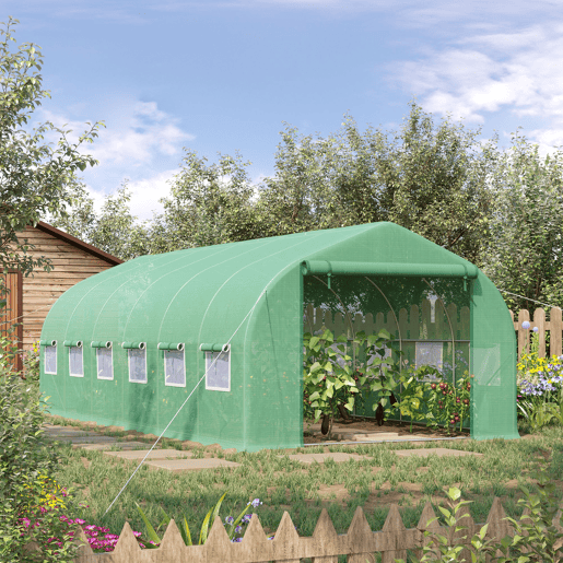 Outsunny Estufa Tipo Túnel 595x300x200cm Estufa de Jardim Grande com 12 Janelas e Porta Enrolável com Zíper para Cultivo de Plantas Verde