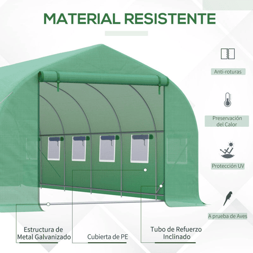 Outsunny Estufa Tipo Túnel 595x300x200cm Estufa de Jardim Grande com 12 Janelas e Porta Enrolável com Zíper para Cultivo de Plantas Verde
