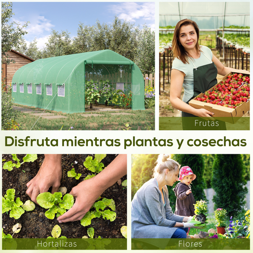 Outsunny Estufa Tipo Túnel 595x300x200cm Estufa de Jardim Grande com 12 Janelas e Porta Enrolável com Zíper para Cultivo de Plantas Verde