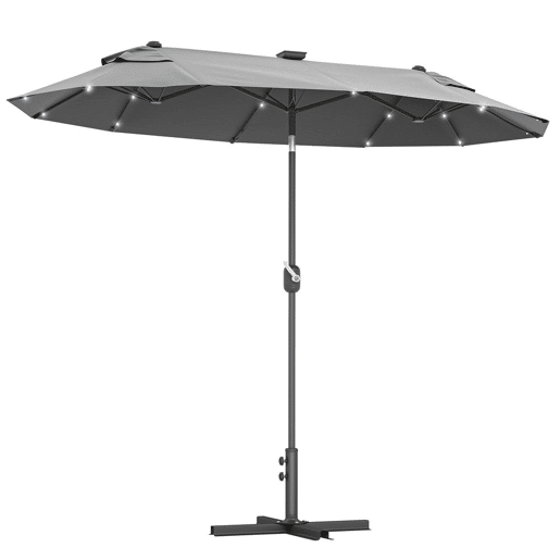 Outsunny Chapéu de Sol Duplo 295x150x219 cm Chapéu de Sol de Jardim com Luzes LED Solares Teto com Inclinação Ajustável e Manivela Manual para Pátio Piscina Praia Cinza