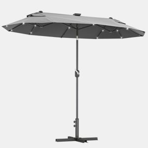 Outsunny Chapéu de Sol Duplo 295x150x219 cm Chapéu de Sol de Jardim com Luzes LED Solares Teto com Inclinação Ajustável e Manivela Manual para Pátio Piscina Praia Cinza
