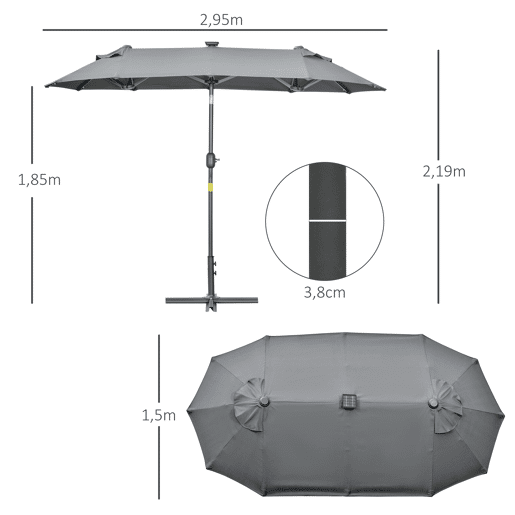 Outsunny Chapéu de Sol Duplo 295x150x219 cm Chapéu de Sol de Jardim com Luzes LED Solares Teto com Inclinação Ajustável e Manivela Manual para Pátio Piscina Praia Cinza