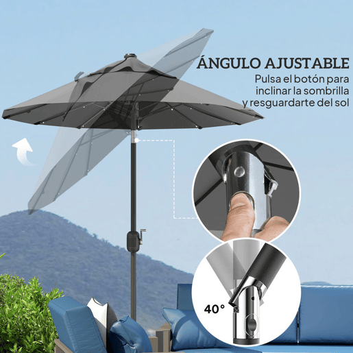 Outsunny Chapéu de Sol Duplo 295x150x219 cm Chapéu de Sol de Jardim com Luzes LED Solares Teto com Inclinação Ajustável e Manivela Manual para Pátio Piscina Praia Cinza