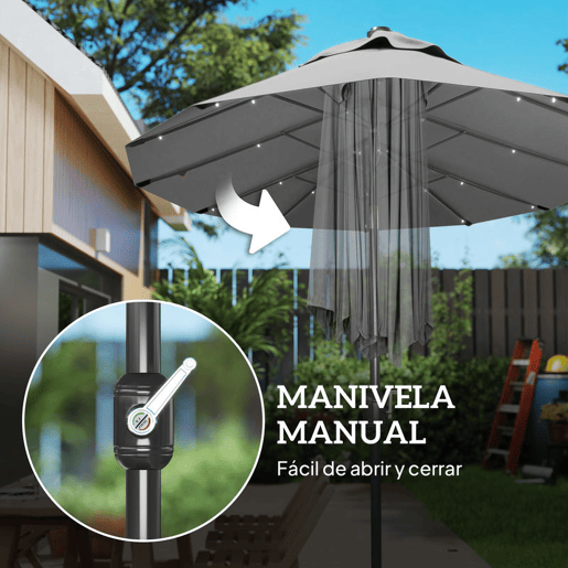 Outsunny Chapéu de Sol Duplo 295x150x219 cm Chapéu de Sol de Jardim com Luzes LED Solares Teto com Inclinação Ajustável e Manivela Manual para Pátio Piscina Praia Cinza