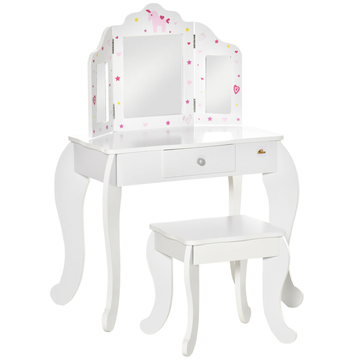 Homcom tocador infantil con taburete y espejo ajustable, tocador para niñas con cajón, mesa de maquillaje para niños y niñas de 3-6 años, blanco
