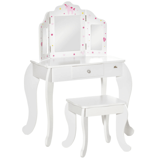 HOMCOM Toucador Infantil de Madeira com Banco e Espelho de Acrílico de 2 Sessões Mesa de Maquilhagem Infantil com Gaveta para Dormitório Sala de Jogos 63x40x85,5cm Branco
