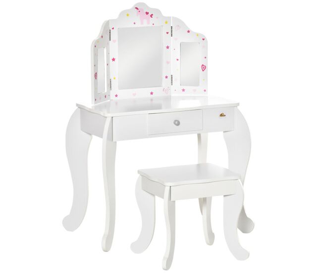 Homcom tocador infantil con taburete y espejo ajustable, tocador para niñas con cajón, mesa de maquillaje para niños y niñas de 3-6 años, blanco