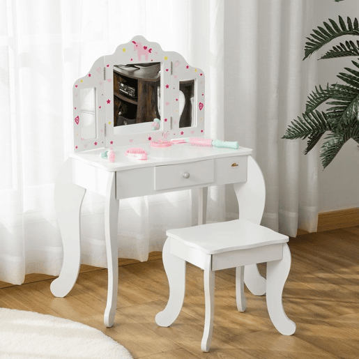 HOMCOM Toucador Infantil de Madeira com Banco e Espelho de Acrílico de 2 Sessões Mesa de Maquilhagem Infantil com Gaveta para Dormitório Sala de Jogos 63x40x85,5cm Branco
