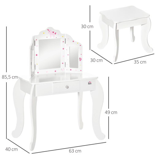 HOMCOM Toucador Infantil de Madeira com Banco e Espelho de Acrílico de 2 Sessões Mesa de Maquilhagem Infantil com Gaveta para Dormitório Sala de Jogos 63x40x85,5cm Branco