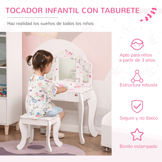 HOMCOM Toucador Infantil de Madeira com Banco e Espelho de Acrílico de 2 Sessões Mesa de Maquilhagem Infantil com Gaveta para Dormitório Sala de Jogos 63x40x85,5cm Branco