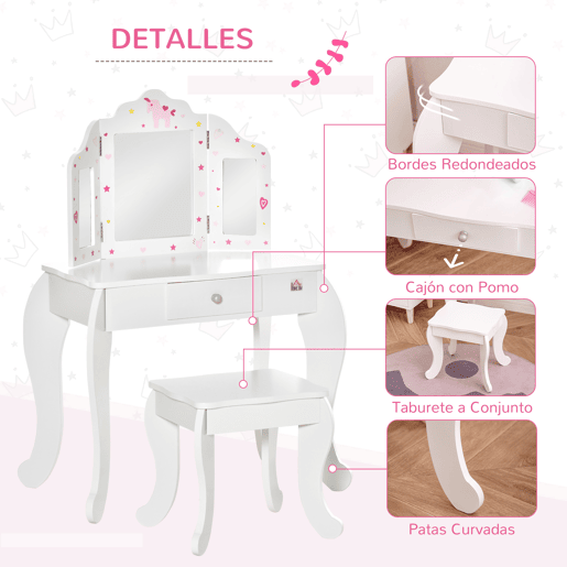 HOMCOM Toucador Infantil de Madeira com Banco e Espelho de Acrílico de 2 Sessões Mesa de Maquilhagem Infantil com Gaveta para Dormitório Sala de Jogos 63x40x85,5cm Branco