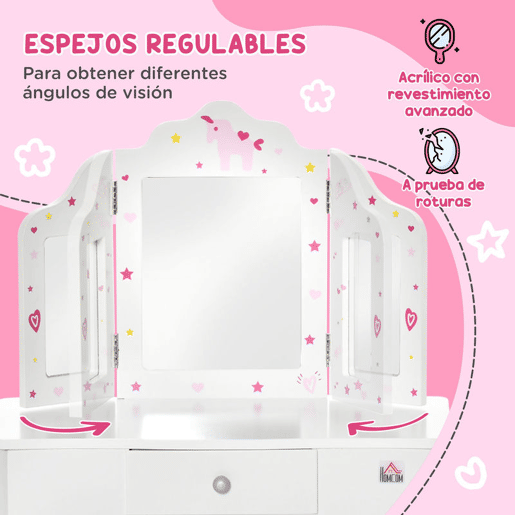 HOMCOM Toucador Infantil de Madeira com Banco e Espelho de Acrílico de 2 Sessões Mesa de Maquilhagem Infantil com Gaveta para Dormitório Sala de Jogos 63x40x85,5cm Branco