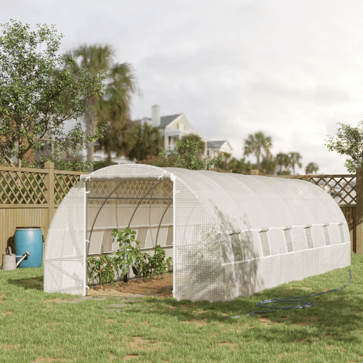 Outsunny Estufa Tipo Túnel 800x300x200cm com 12 Janelas e Porta Enrolável Cobertura de PE 140gm² e Aço para Cultivo de Plantas Verduras Branco