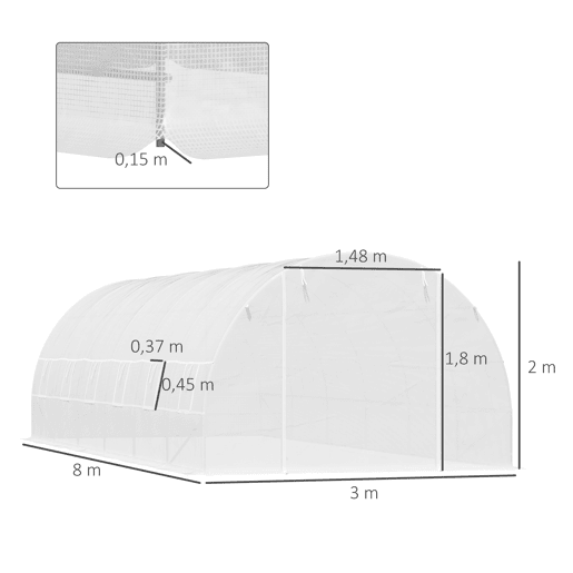 Outsunny Estufa Tipo Túnel 800x300x200cm com 12 Janelas e Porta Enrolável Cobertura de PE 140gm² e Aço para Cultivo de Plantas Verduras Branco