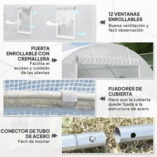 Outsunny Estufa Tipo Túnel 800x300x200cm com 12 Janelas e Porta Enrolável Cobertura de PE 140gm² e Aço para Cultivo de Plantas Verduras Branco