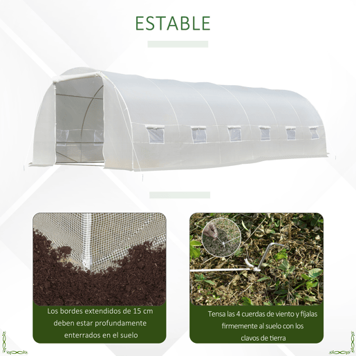 Outsunny Estufa Tipo Túnel 800x300x200cm com 12 Janelas e Porta Enrolável Cobertura de PE 140gm² e Aço para Cultivo de Plantas Verduras Branco