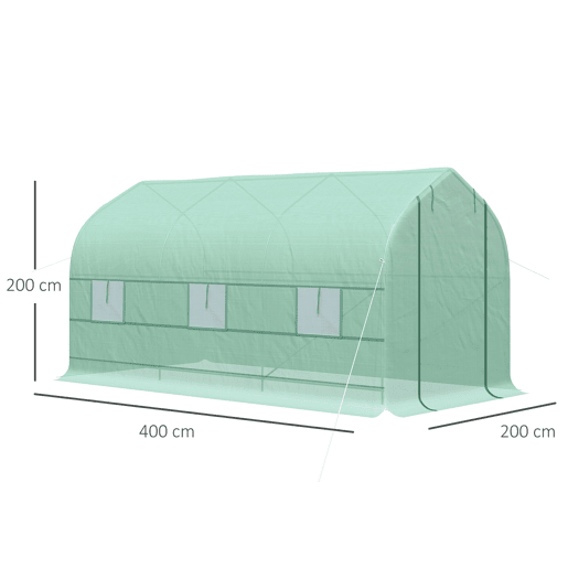 Outsunny Estufa Tipo Túnel 400x200x200cm Estufa de Jardim com 6 Janelas Transpiráveis e Portas Enrolável com Zíper para Cultivo de Plantas e Verduras Verde