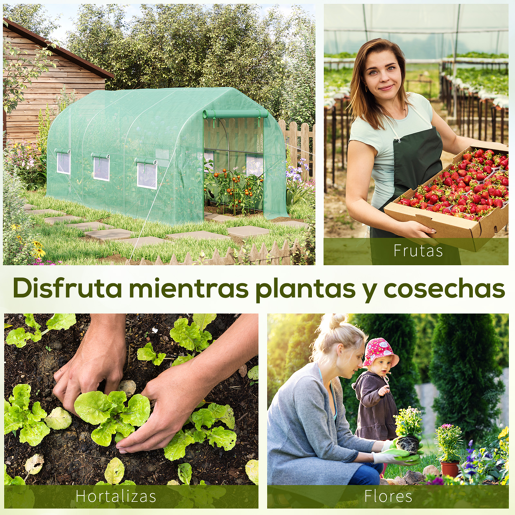 Outsunny Estufa Tipo Túnel 400x200x200cm Estufa de Jardim com 6 Janelas Transpiráveis e Portas Enrolável com Zíper para Cultivo de Plantas e Verduras Verde