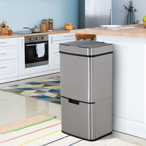 HOMCOM Balde de Lixo 72 L com Abertura Automática Balde de Lixo de Aço Inoxidável e Reciclagem para Cozinha 42x30x81 cm Prata