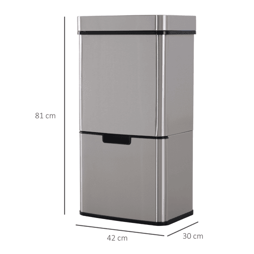 HOMCOM Balde de Lixo 72 L com Abertura Automática Balde de Lixo de Aço Inoxidável e Reciclagem para Cozinha 42x30x81 cm Prata
