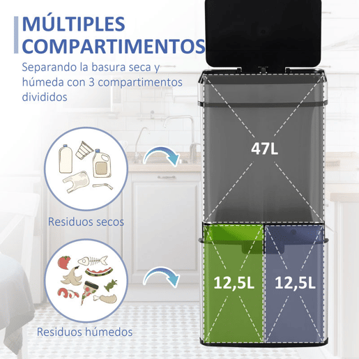 HOMCOM Balde de Lixo 72 L com Abertura Automática Balde de Lixo de Aço Inoxidável e Reciclagem para Cozinha 42x30x81 cm Prata