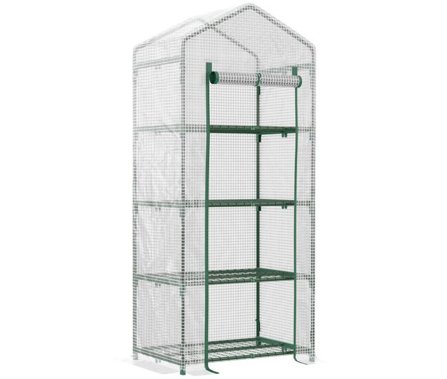 Outsunny invernadero de exterior con 4 estantes, invernadero pequeño con puerta enrollable, marco de acero y cubierta de pe 140g/m2, anti-uv para