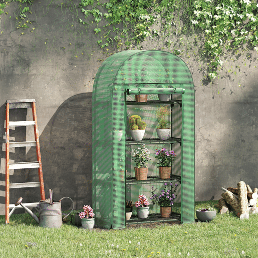 Outsunny Estufa de Jardim com 4 Prateleiras Metálicas Porta Enrolável e Cobertura de PE Estufa de Varanda para Cultivo de Plantas Flores 80x49x160cm Verde