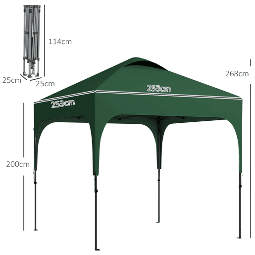 Outsunny Tenda Dobrável 2,5x2,5x2,68cm Tenda de Jardim com Proteção UV 50+ Altura Ajustável com 4 Sacos de Areia e Bolsa de Transporte para Acampamento Festas Pátio Verde Escuro Outsunny Tenda Dobrável 2,5x2,5x2,68cm Tenda de Jardim com Proteção UV 50+ Altura Ajustável com 4 Sacos de Areia e Bolsa de Transporte para Acampamento Festas Pátio Verde Escuro