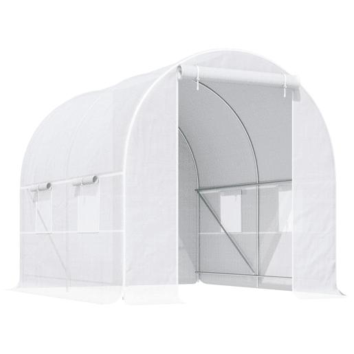 Outsunny Estufa Tipo Túnel 245x200x200cm Estufa de Jardim com Portas Enroláveis e 4 Janelas Cobertura de PE 140 gm² Estrutura de Metal para Cultivo de Plantas Verduras Branco