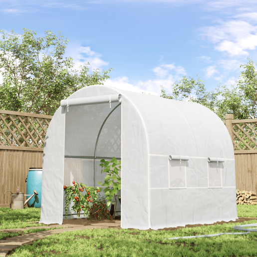 Outsunny Estufa Tipo Túnel 245x200x200cm Estufa de Jardim com Portas Enroláveis e 4 Janelas Cobertura de PE 140 gm² Estrutura de Metal para Cultivo de Plantas Verduras Branco