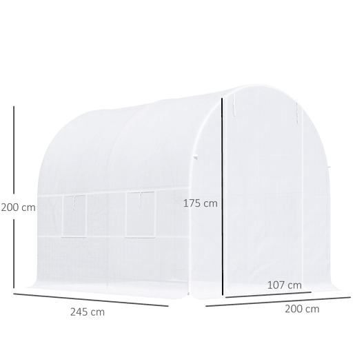 Outsunny Estufa Tipo Túnel 245x200x200cm Estufa de Jardim com Portas Enroláveis e 4 Janelas Cobertura de PE 140 gm² Estrutura de Metal para Cultivo de Plantas Verduras Branco