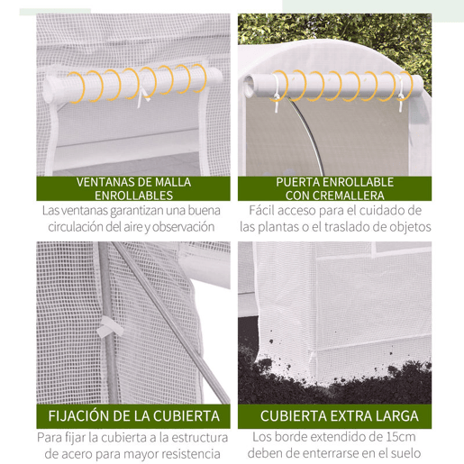 Outsunny Estufa Tipo Túnel 245x200x200cm Estufa de Jardim com Portas Enroláveis e 4 Janelas Cobertura de PE 140 gm² Estrutura de Metal para Cultivo de Plantas Verduras Branco