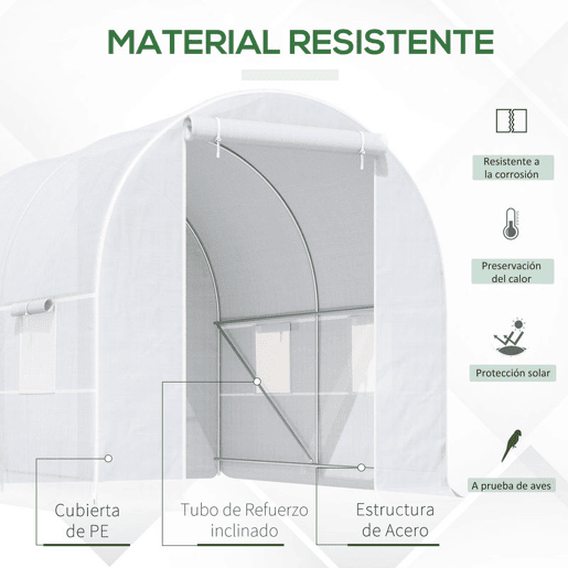 Outsunny Estufa Tipo Túnel 245x200x200cm Estufa de Jardim com Portas Enroláveis e 4 Janelas Cobertura de PE 140 gm² Estrutura de Metal para Cultivo de Plantas Verduras Branco
