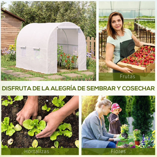 Outsunny Estufa Tipo Túnel 245x200x200cm Estufa de Jardim com Portas Enroláveis e 4 Janelas Cobertura de PE 140 gm² Estrutura de Metal para Cultivo de Plantas Verduras Branco