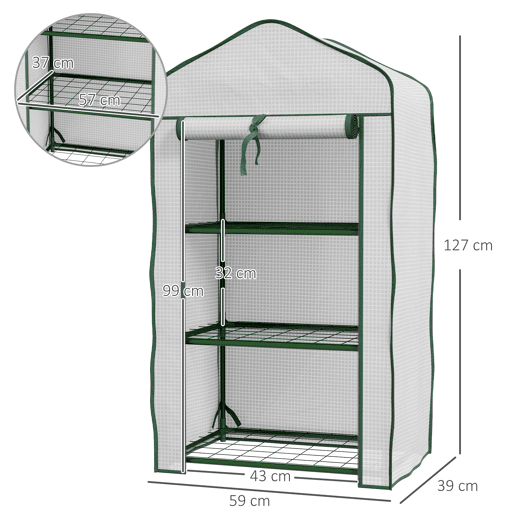 Outsunny Estufa de Jardim de 3 Níveis Estufa de Terraço com 3 Prateleiras 1 Porta com Fecho de Correr para Cultivo de Plantas Flores Vegetais 59x39x127 cm Branco