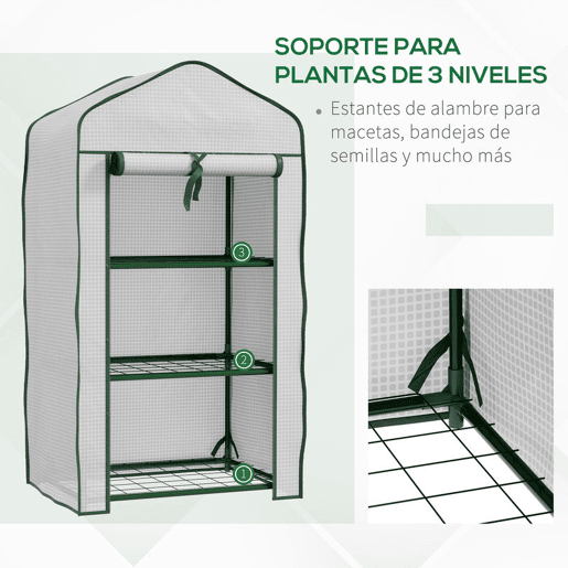 Outsunny Estufa de Jardim de 3 Níveis Estufa de Terraço com 3 Prateleiras 1 Porta com Fecho de Correr para Cultivo de Plantas Flores Vegetais 59x39x127 cm Branco