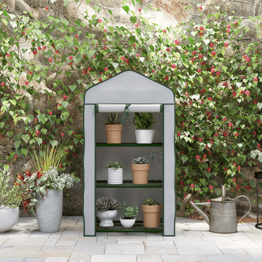 Outsunny Estufa de Jardim de 3 Níveis Estufa de Terraço com 3 Prateleiras 1 Porta com Fecho de Correr para Cultivo de Plantas Flores Vegetais 59x39x127 cm Branco