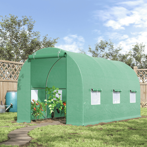 Outsunny Estufa Túnel 445x190x200 cm Estufa de Jardim com 6 Janelas 1 Porta e Cobertura de Polietileno PE 140 gm² para Cultivo de Plantas Legumes Frutas no Terraço Pátio Verde