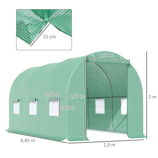 Outsunny Estufa Túnel 445x190x200 cm Estufa de Jardim com 6 Janelas 1 Porta e Cobertura de Polietileno PE 140 gm² para Cultivo de Plantas Legumes Frutas no Terraço Pátio Verde