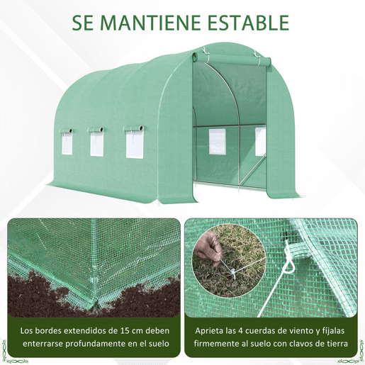 Outsunny Estufa Túnel 445x190x200 cm Estufa de Jardim com 6 Janelas 1 Porta e Cobertura de Polietileno PE 140 gm² para Cultivo de Plantas Legumes Frutas no Terraço Pátio Verde