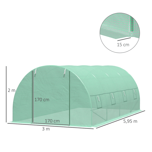 Outsunny Estufa Tipo Túnel 600x300x200cm com Porta Enrolável 8 Janelas Cobertura de PE 140gm² e Tubo de Aço para Cultivos de Plantas Verduras Verde