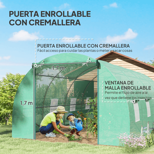 Outsunny Estufa Tipo Túnel 600x300x200cm com Porta Enrolável 8 Janelas Cobertura de PE 140gm² e Tubo de Aço para Cultivos de Plantas Verduras Verde