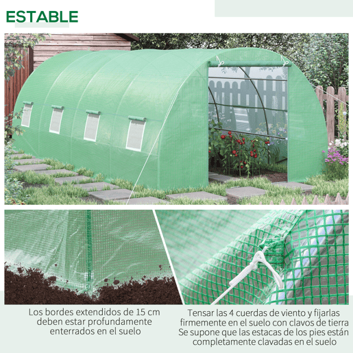 Outsunny Estufa Tipo Túnel 600x300x200cm com Porta Enrolável 8 Janelas Cobertura de PE 140gm² e Tubo de Aço para Cultivos de Plantas Verduras Verde