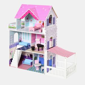 HOMCOM Casa de Bonecas de 3 Andares com Pátio Móveis Acessórios Bonita Casa de Bonecas de Madeira 86x30x87 cm Rosa