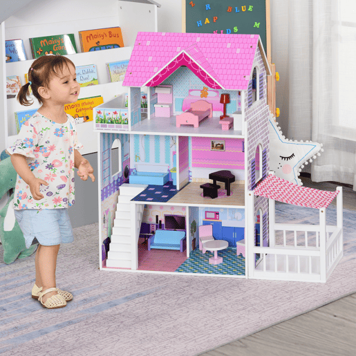 HOMCOM Casa de Bonecas de 3 Andares com Pátio Móveis Acessórios Bonita Casa de Bonecas de Madeira 86x30x87 cm Rosa